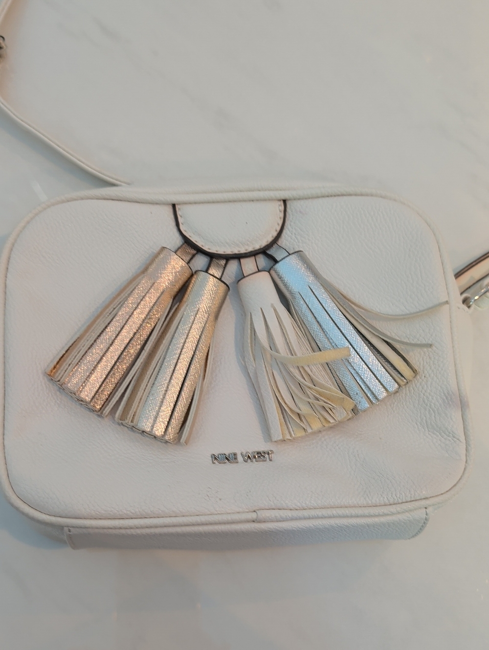 Nine West White Crossbody with Metallic Tassel Detail